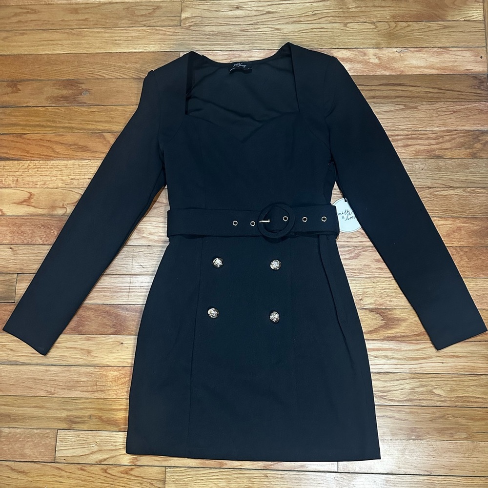 NWT Milk & Honey Black Belted Long Sleeve Mini‎ Dress Sweetheart Neck LBD Small